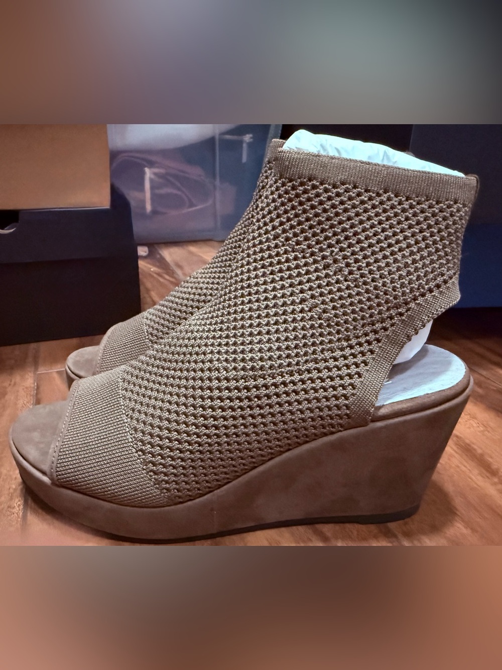 Eileen Fisher Taupe Knit Peep-Toe Wedge Booties